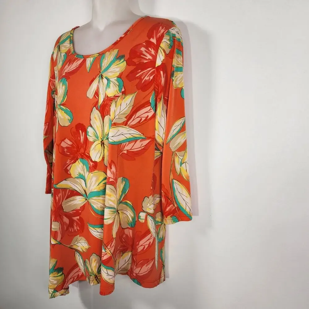 Susan Graver Womens Tunic Liquid Knit Top Orange Floral Asymmetrical Hem Medium